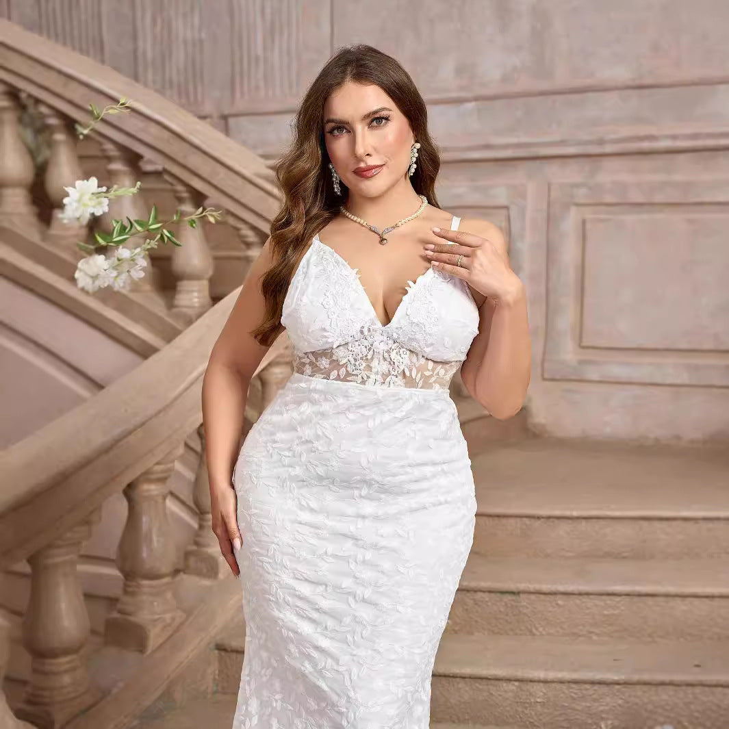 Plus Size White Lace Sexy Spaghetti Strap Wedding Dress for Summer