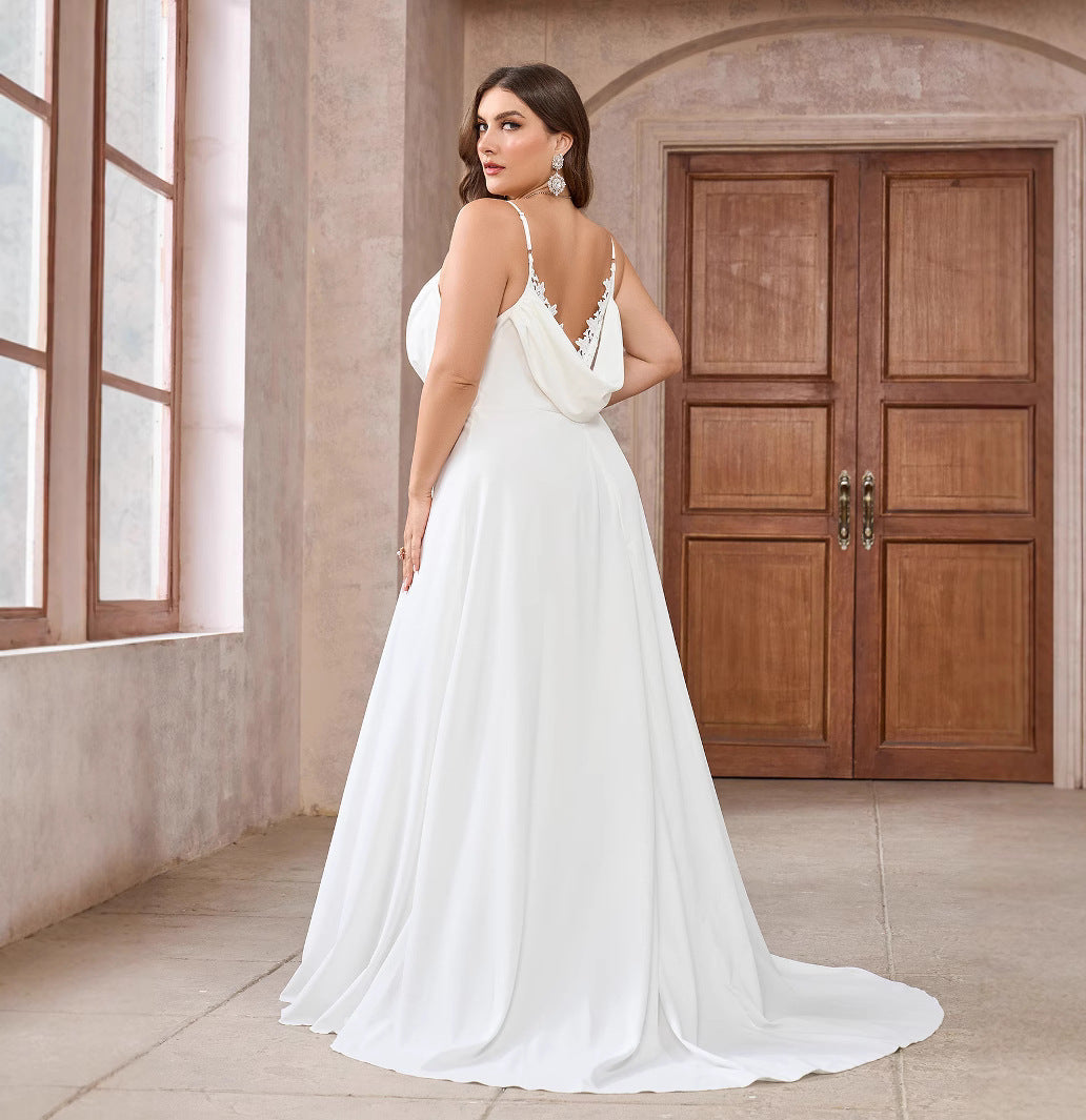 Plus Size Simple Modest Strapless Maxi Wedding Dress with Floral Lace and Open Back