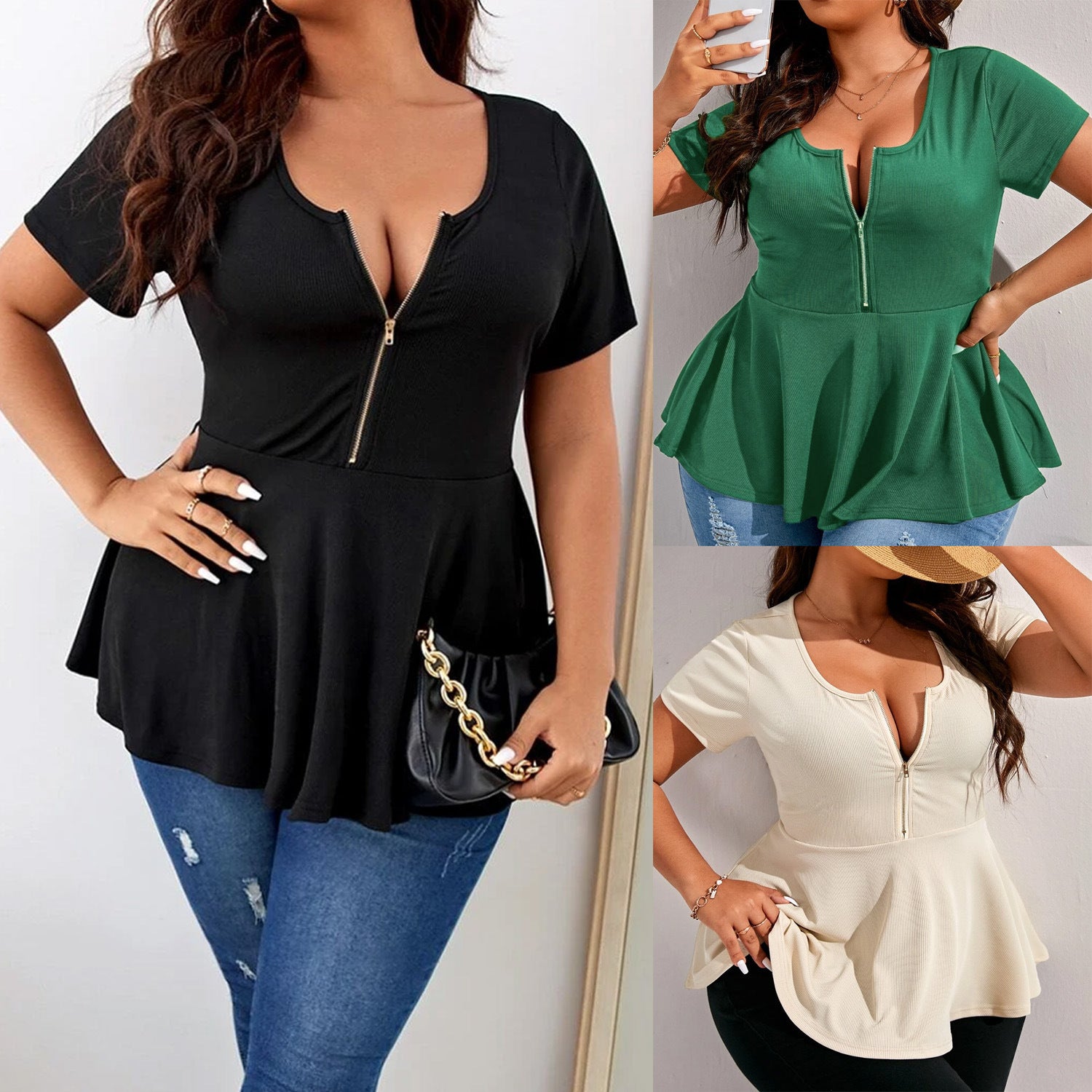 Plus Size Top with Short Sleeves and Zipper V-Neck