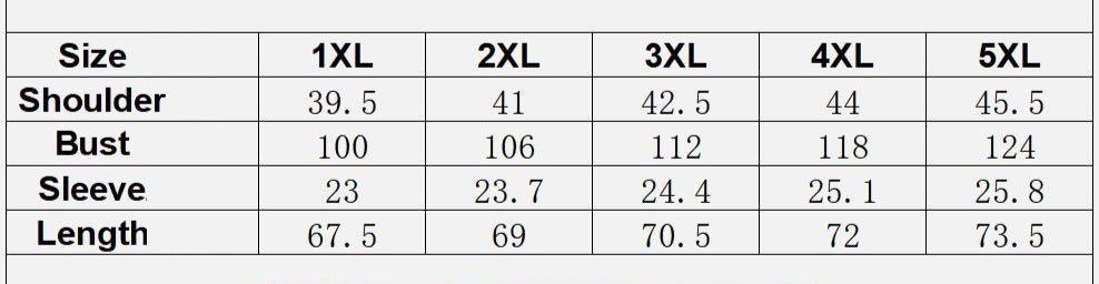 Size chart for clothing with shoulder, bust, sleeve, and length measurements in centimeters.