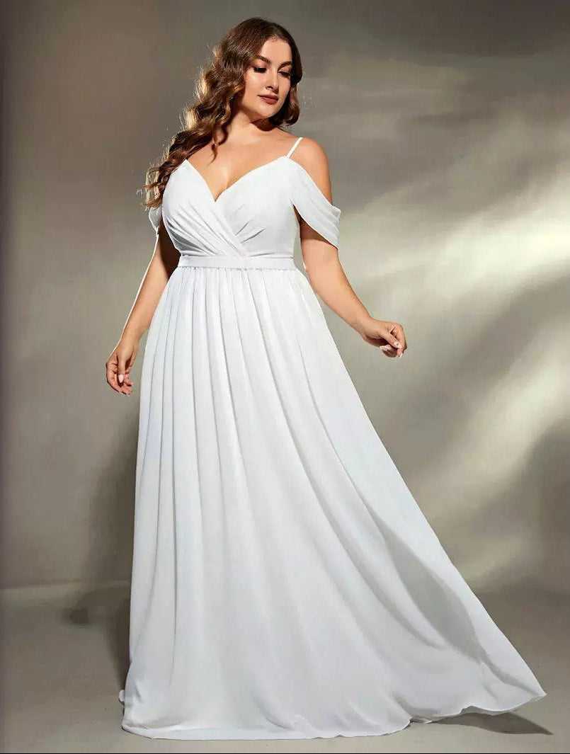 Plus Size White Elegant Off Shoulder Wedding Dress with V-Neck