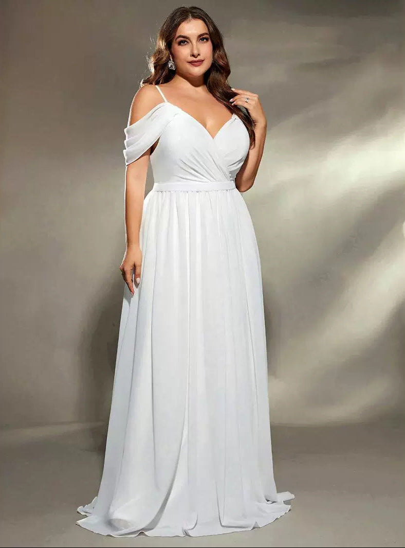 Plus Size White Elegant Off Shoulder Wedding Dresses with V-Neck