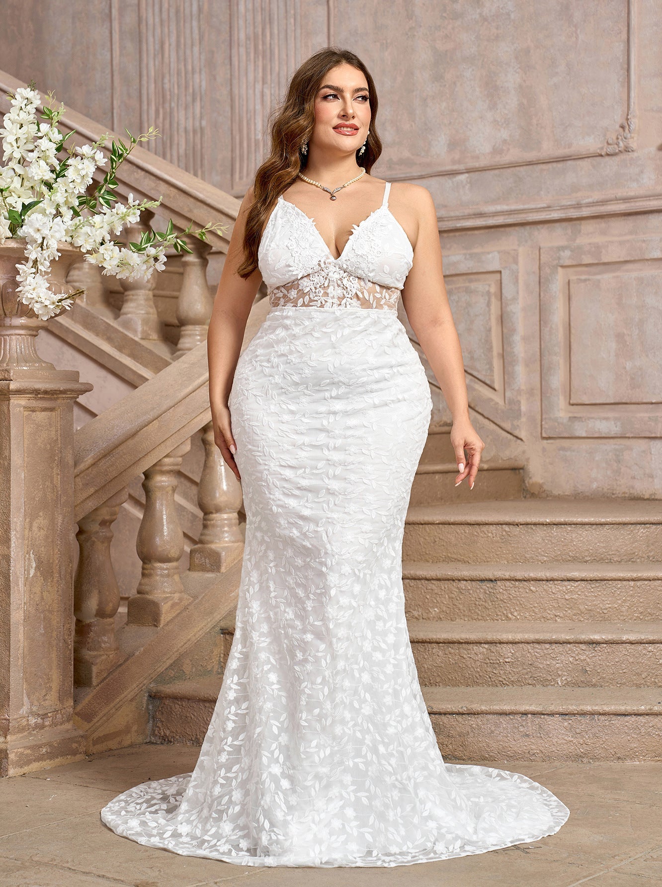 Plus Size White Lace Sexy Spaghetti Strap Wedding Dress for Summer