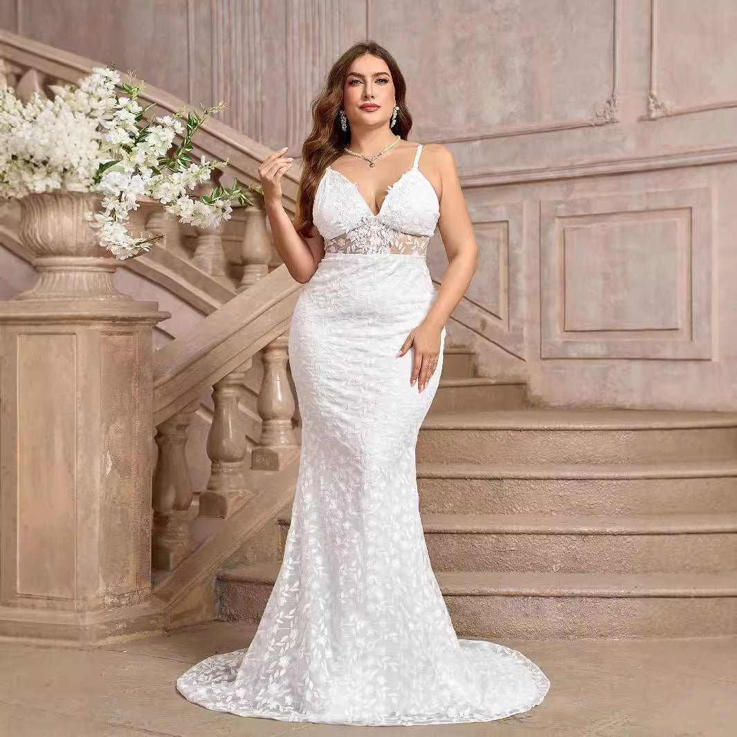 Plus Size White Lace Sexy Spaghetti Strap Wedding Dress for Summer