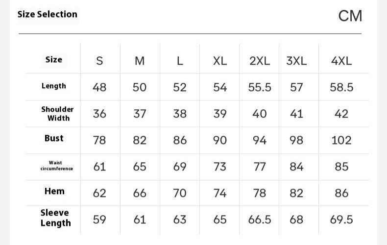Size chart for clothing with measurements in centimeters and weight recommendations.