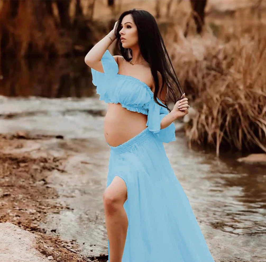blue Pregnancy Photoshoot Skirt and Top Set Co Ord