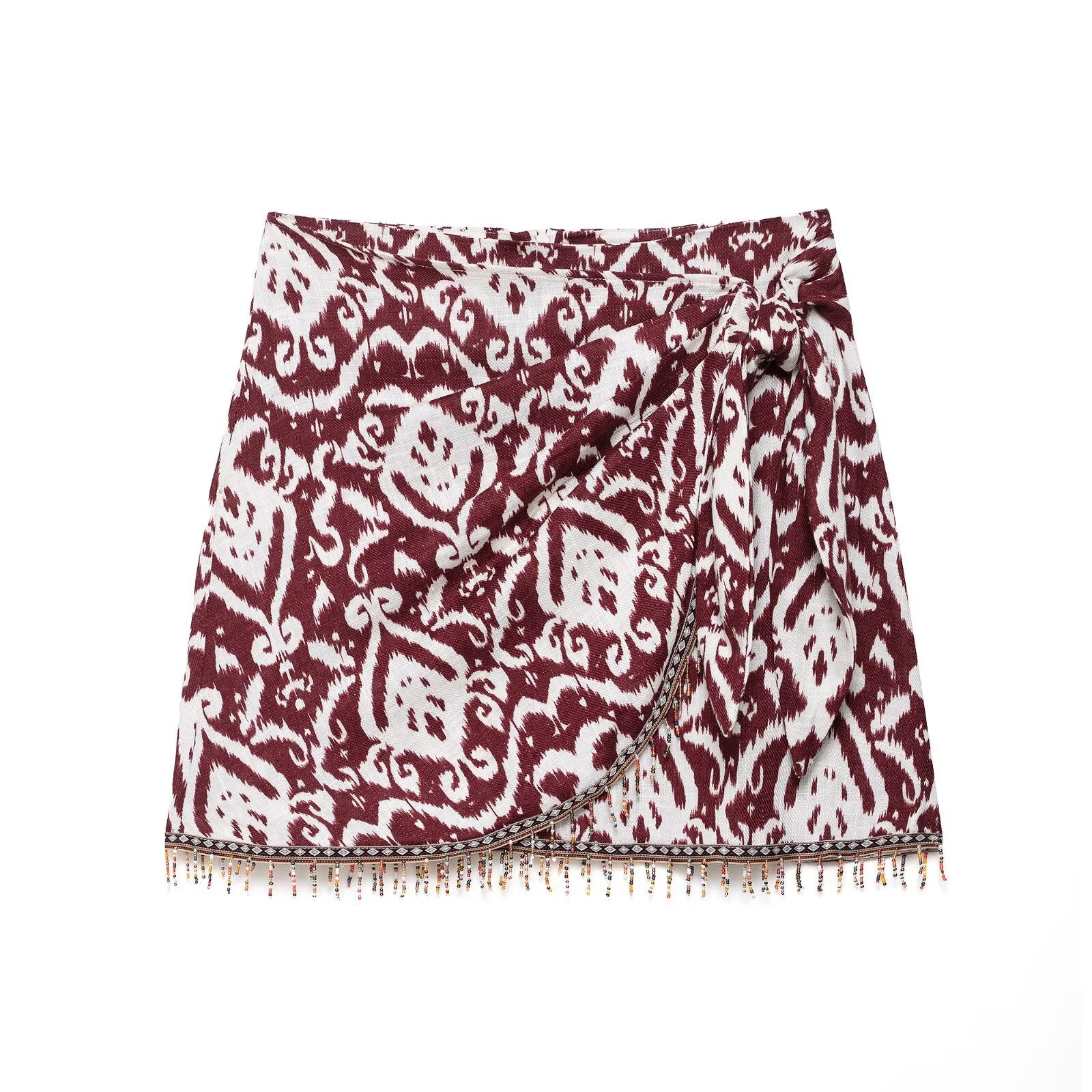 Printed Bohemian Tassel Mini Wrap Skirt in Red and White