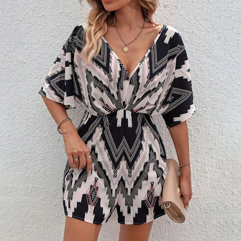 Printed Boho Style Black and White Romper