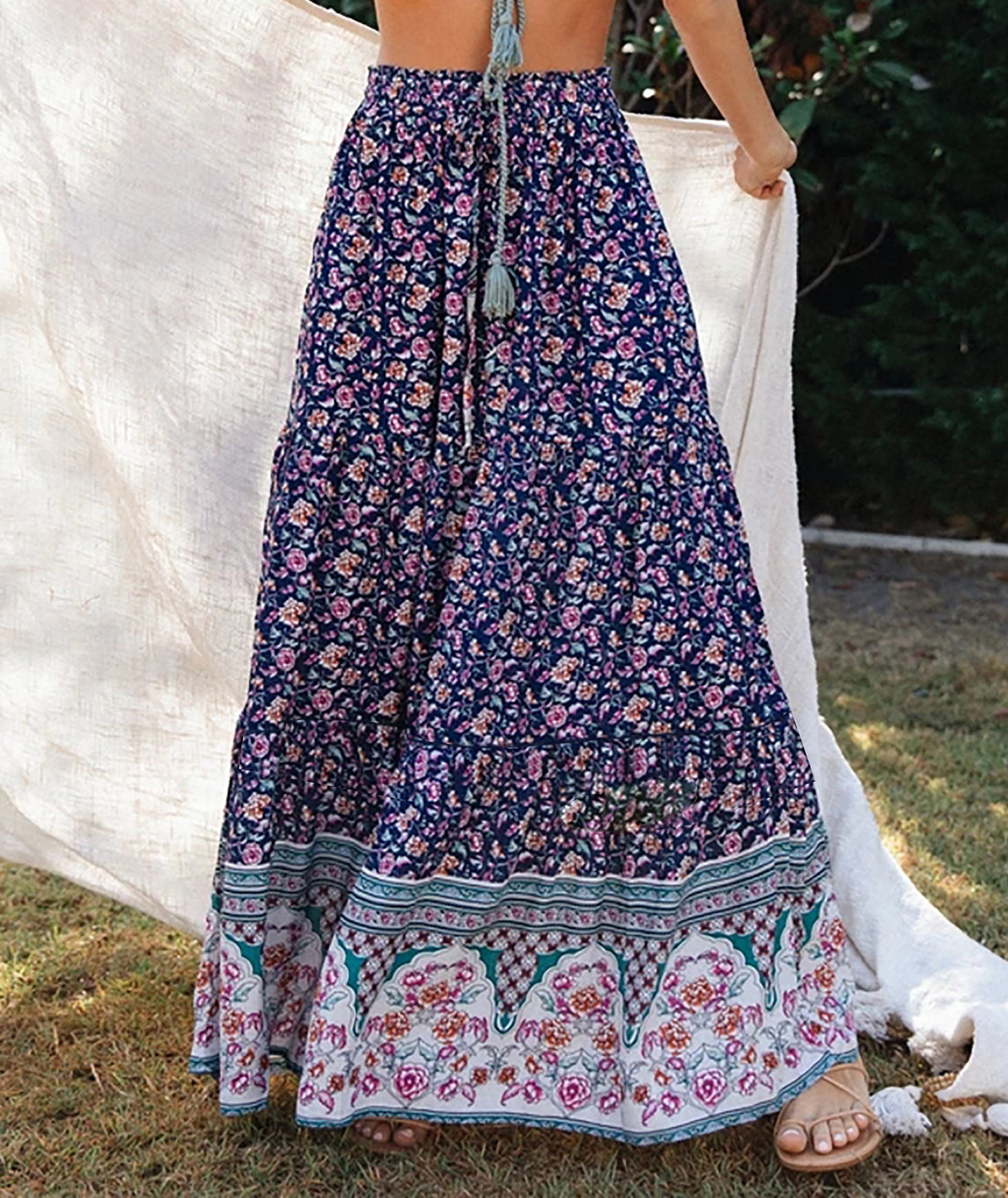 blue Printed Indie Floral Maxi Skirt