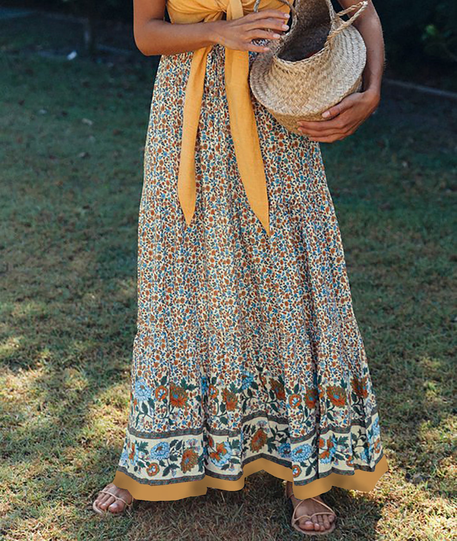 white Printed Indie Floral Maxi Skirt