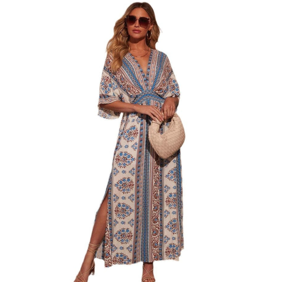 Earthy Printed V-Neck Boho Slit Dress
