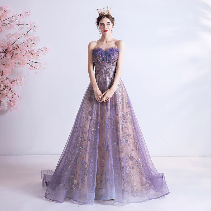 Purple Boho Wedding Dress with Sequins and Flowers