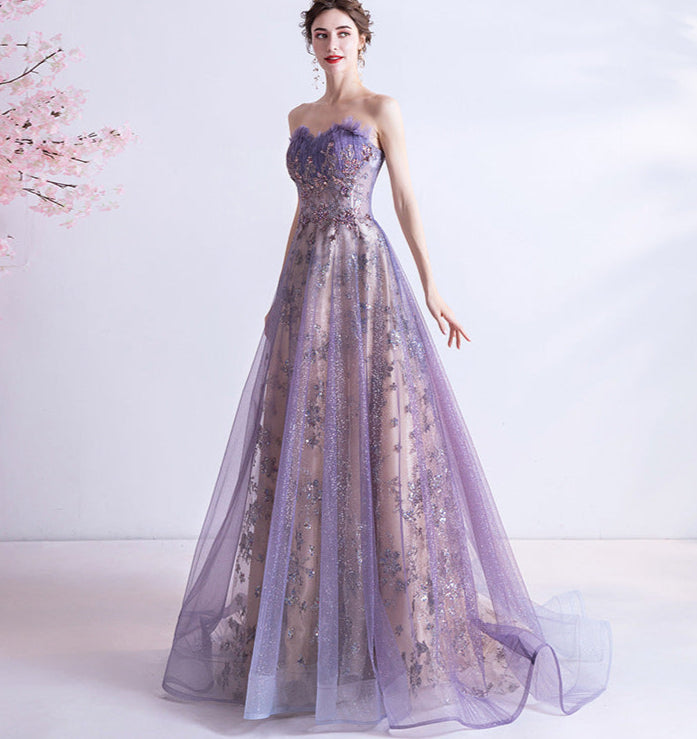 Purple Boho Wedding Dress with Sequins and Flowers