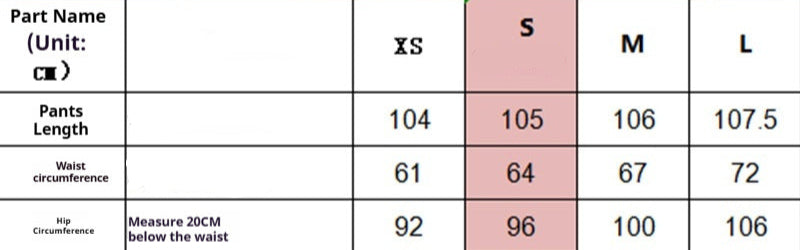 Measurement chart for pants with size labels and dimensions.