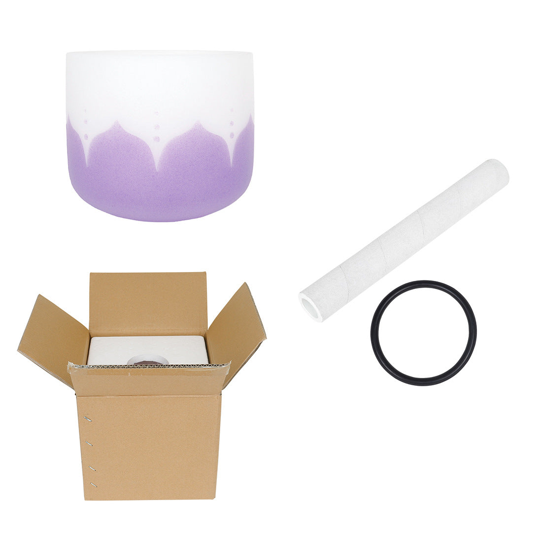 Purple container, cardboard box, white tube, and black ring on a white background