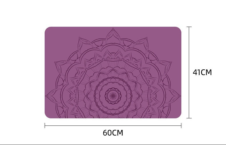 Purple mandala design mat with dimensions on a white background