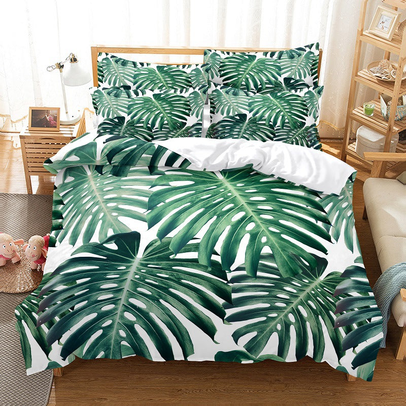 3 Piece Quilt Cover Set with Green Leaves