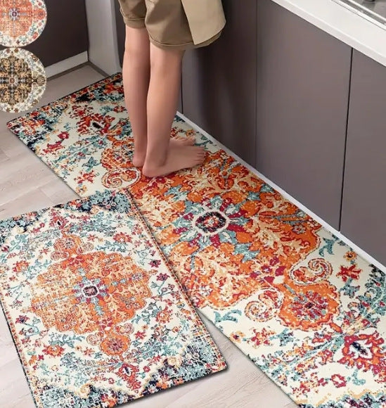 Colorful patterned rug on a floor with a person standing on it