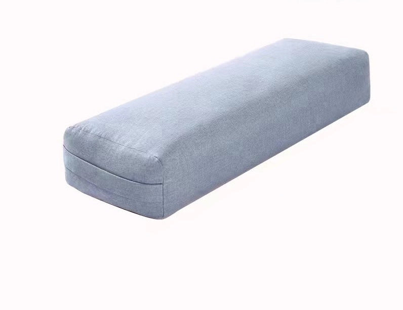Rectangular cushion with text indicating fabric and filling details on a white background
