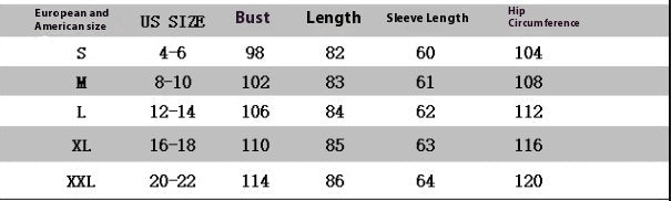 Size chart for European and American clothing sizes with measurements in centimeters and inches.