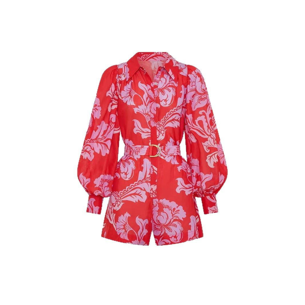 Red Boho Print Long Sleeve Rompers