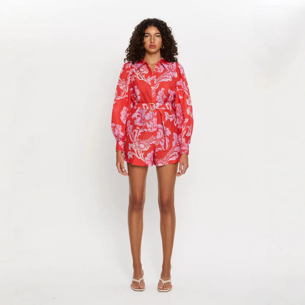 Red Boho Print Long Sleeve Romper