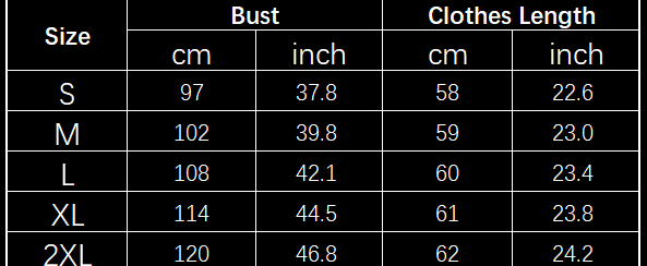 Table showing bust and clothes length measurements for different sizes.