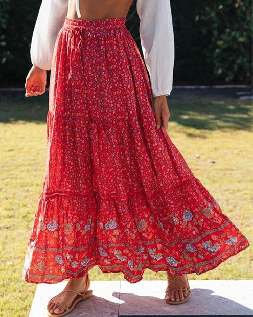Red Floral Boho Maxi Skirt