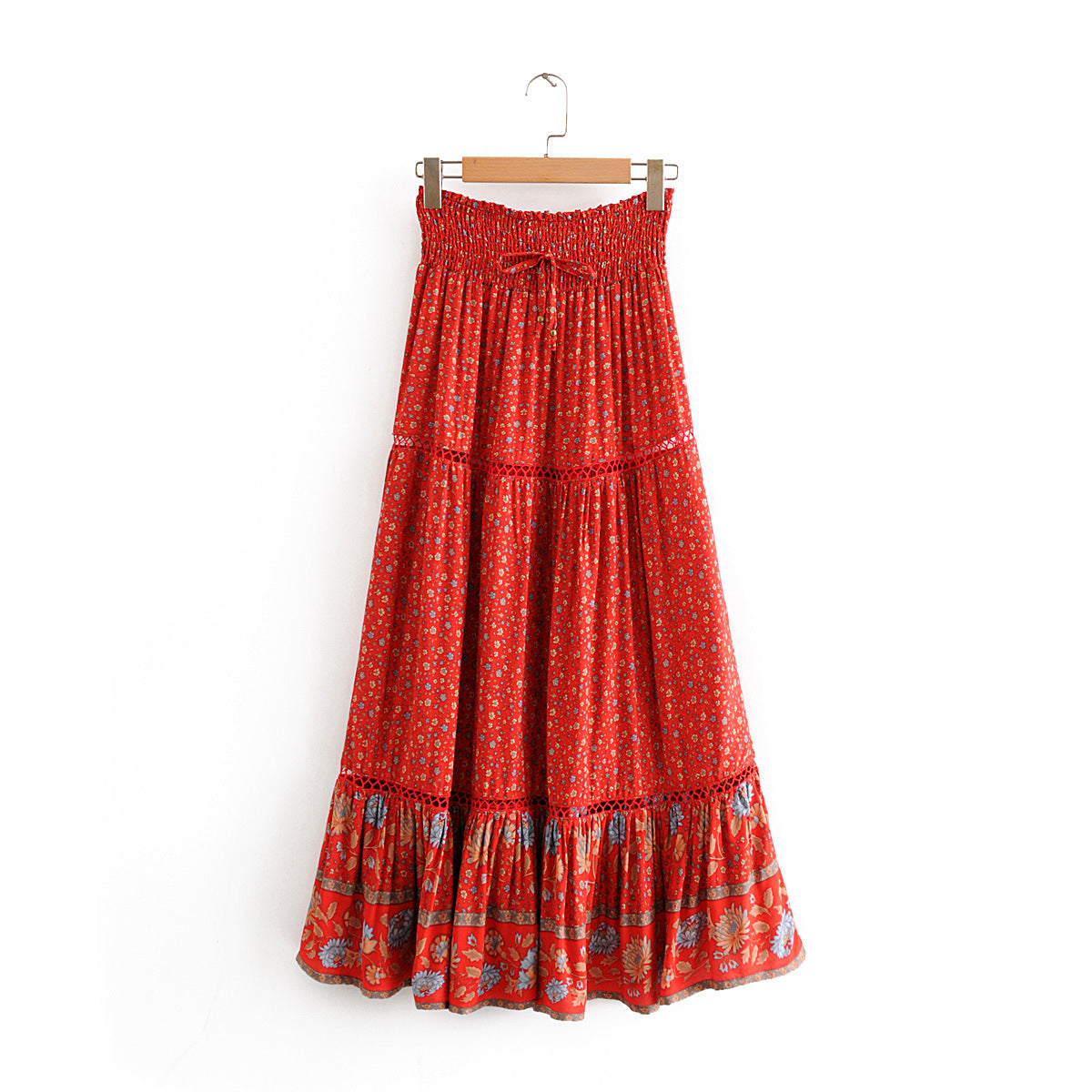 Red Floral Boho Maxi Skirt red