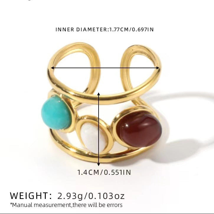 Gold ring with colored stones and measurements on a white background