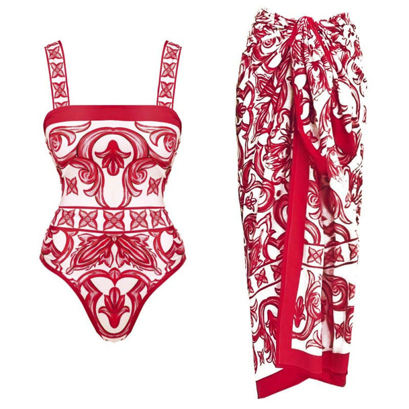 Red and White Printed One Piece Swimsuit with Skirt Cover Up