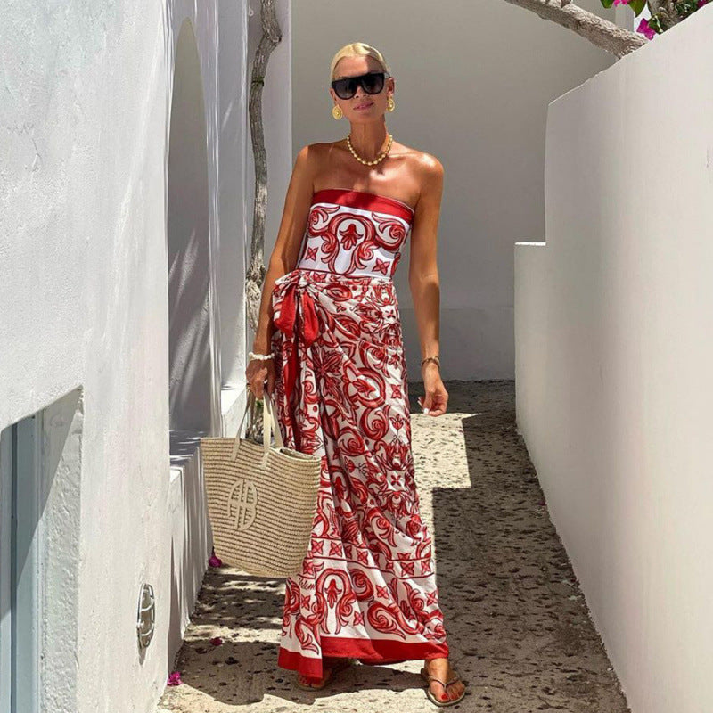 Red and White Printed One Piece Swimsuit with Skirt Cover Up