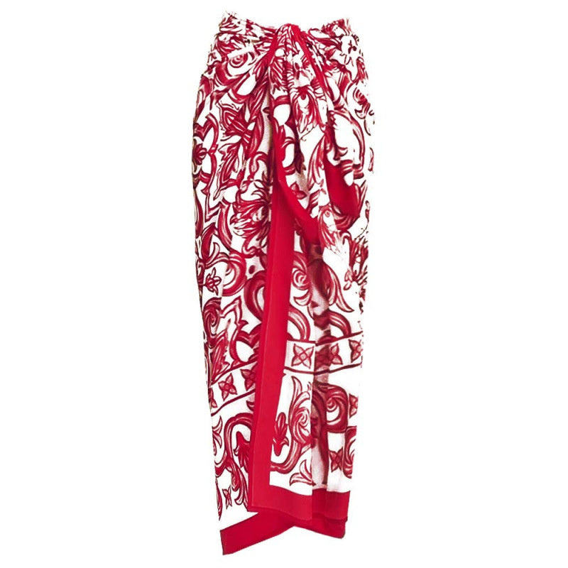 Red and White Printed One Piece Swimsuit with Skirt Cover Up