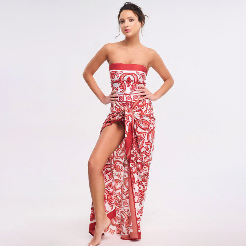 Red and White Printed One Piece Swimsuit with Skirt Cover Up
