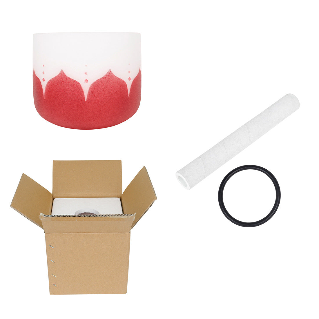 Red and white product with a cardboard box, white tube, and black ring on a white background