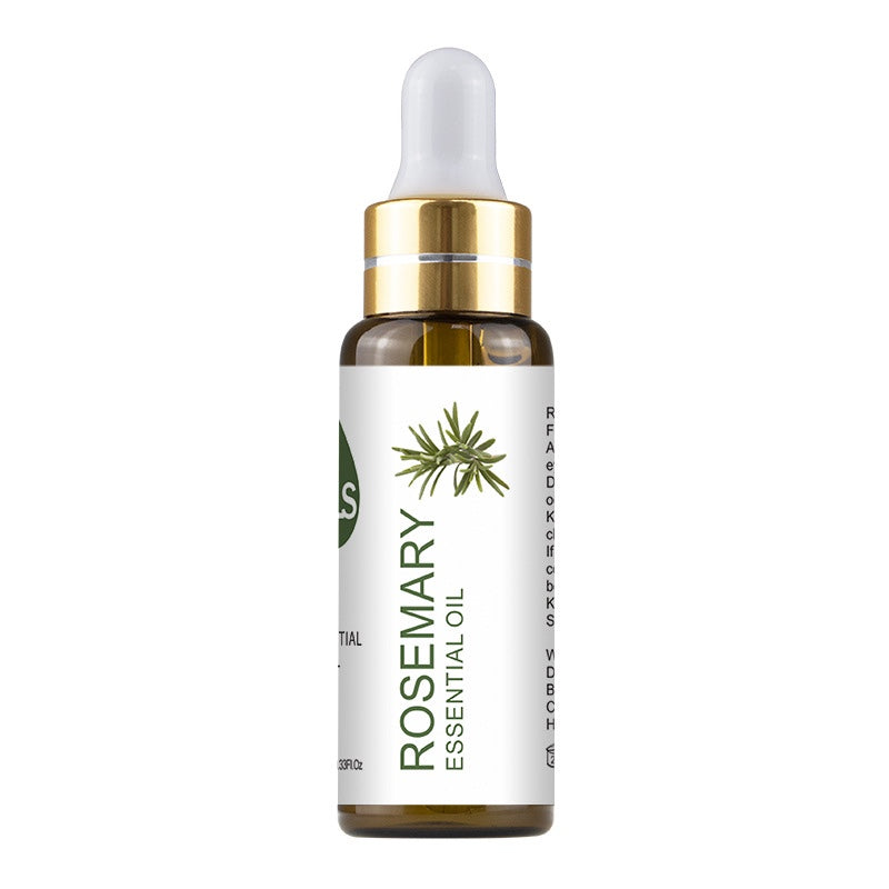 Rosemary essential oil bottle with dropper on a white background