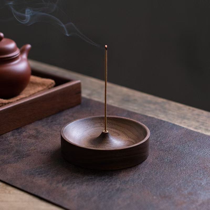 Round Dark Brown Walnut Wood Incense Holder
