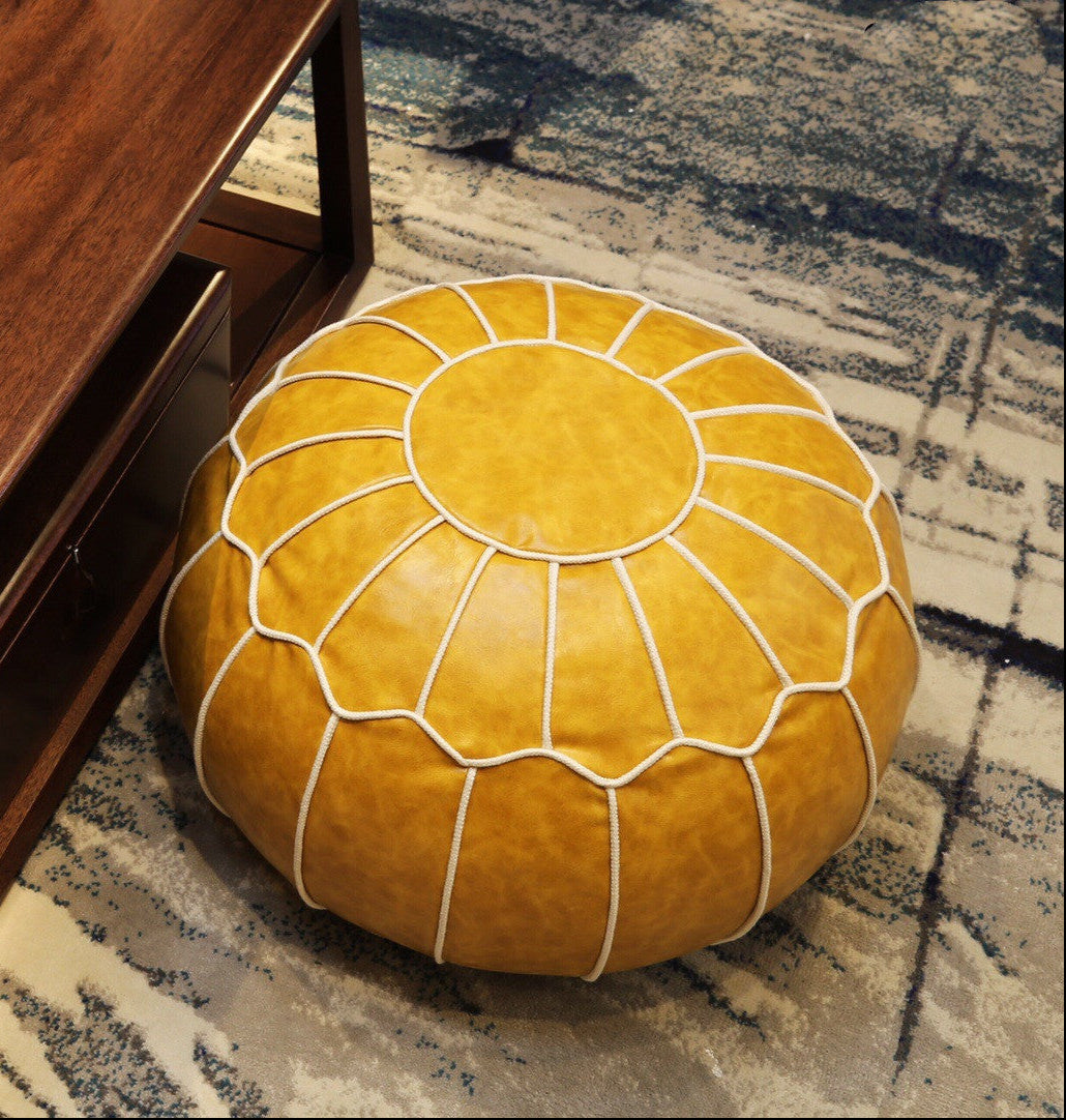 Round Embroidered Pouf Vegan Leather Cover