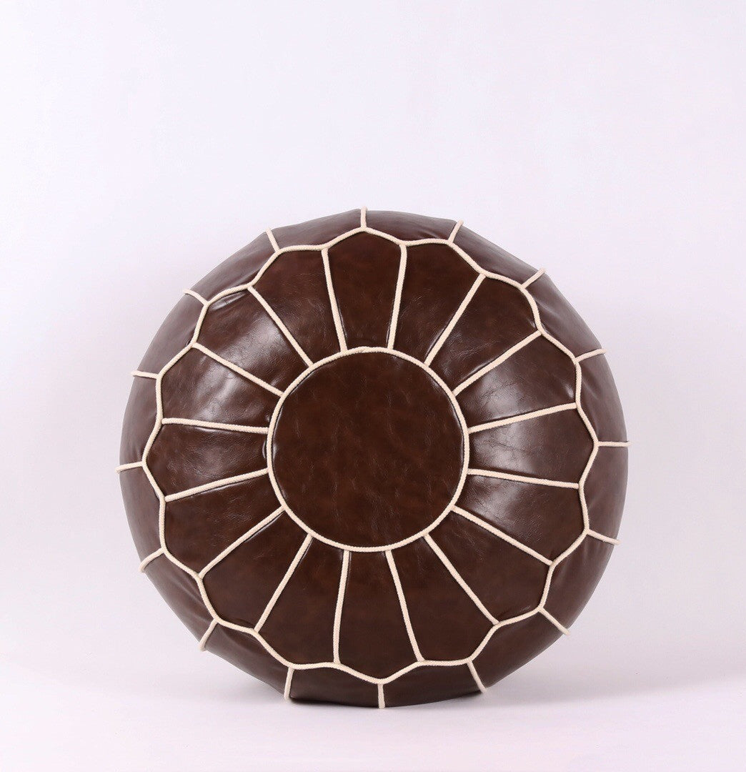 cushion Round Embroidered Pouf Vegan Leather Cover