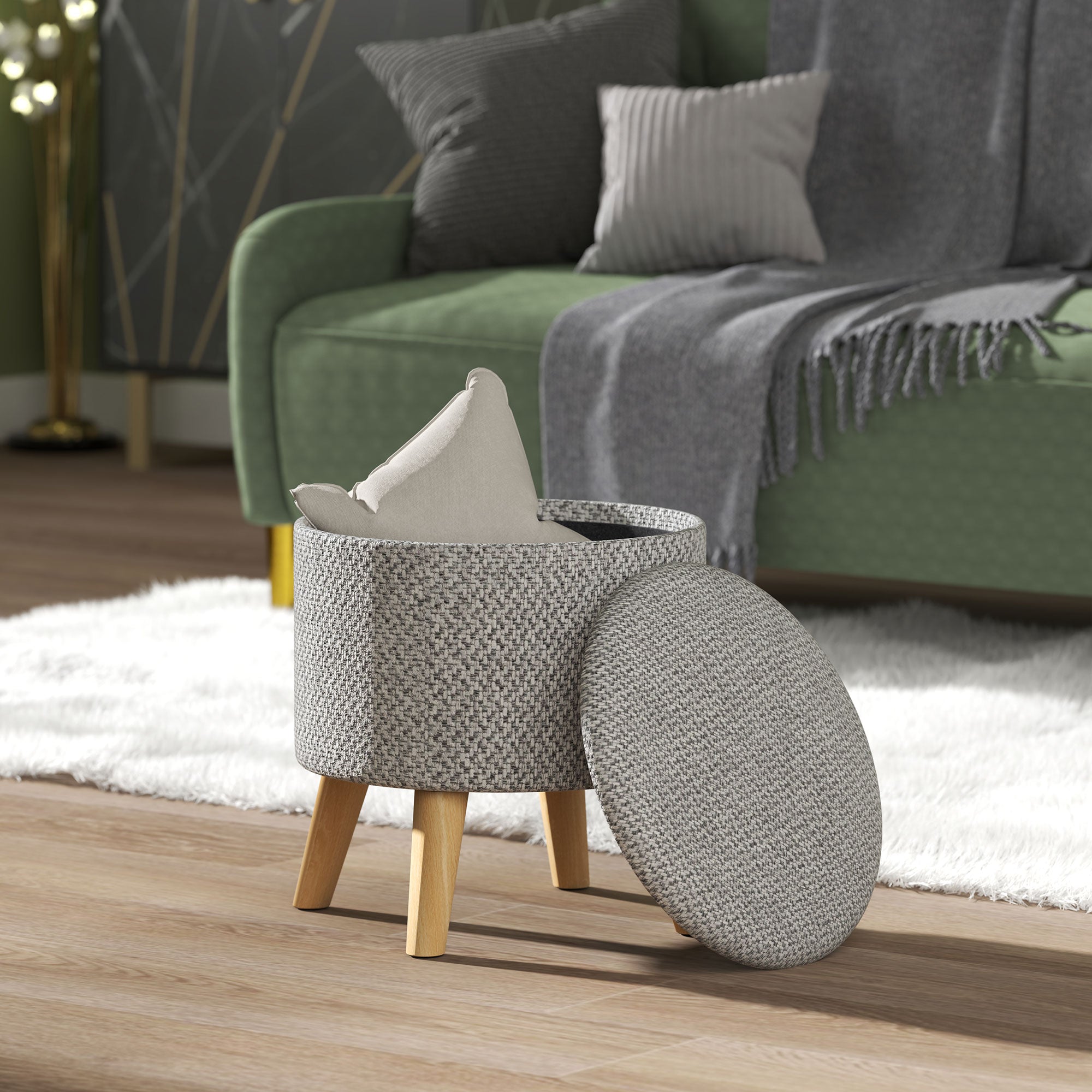 Round Gray Ottoman with Wooden Legs