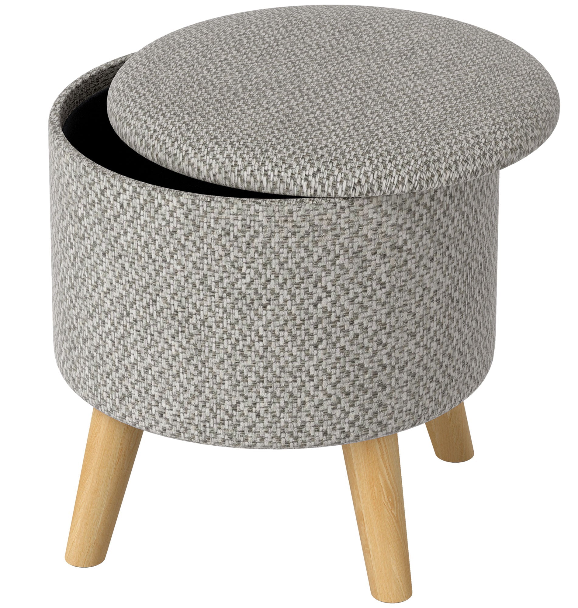 Round gray upholstered stool with wooden legs on a white background