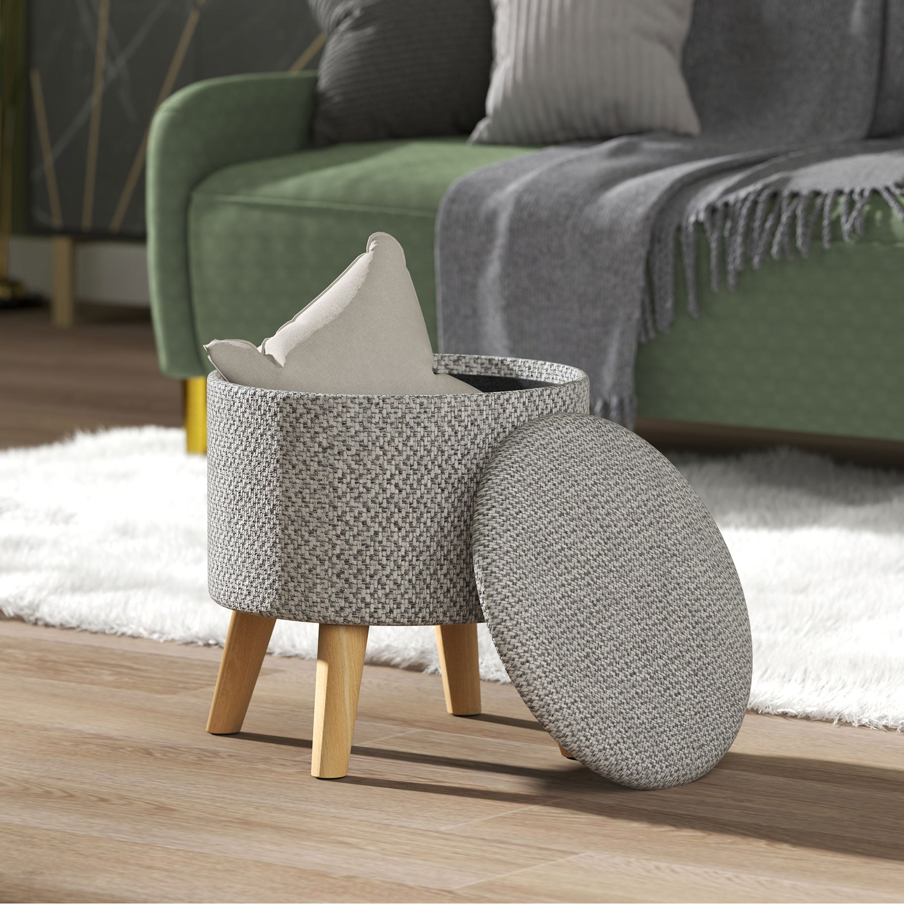 Round Gray Storage Ottoman with Wooden Legs