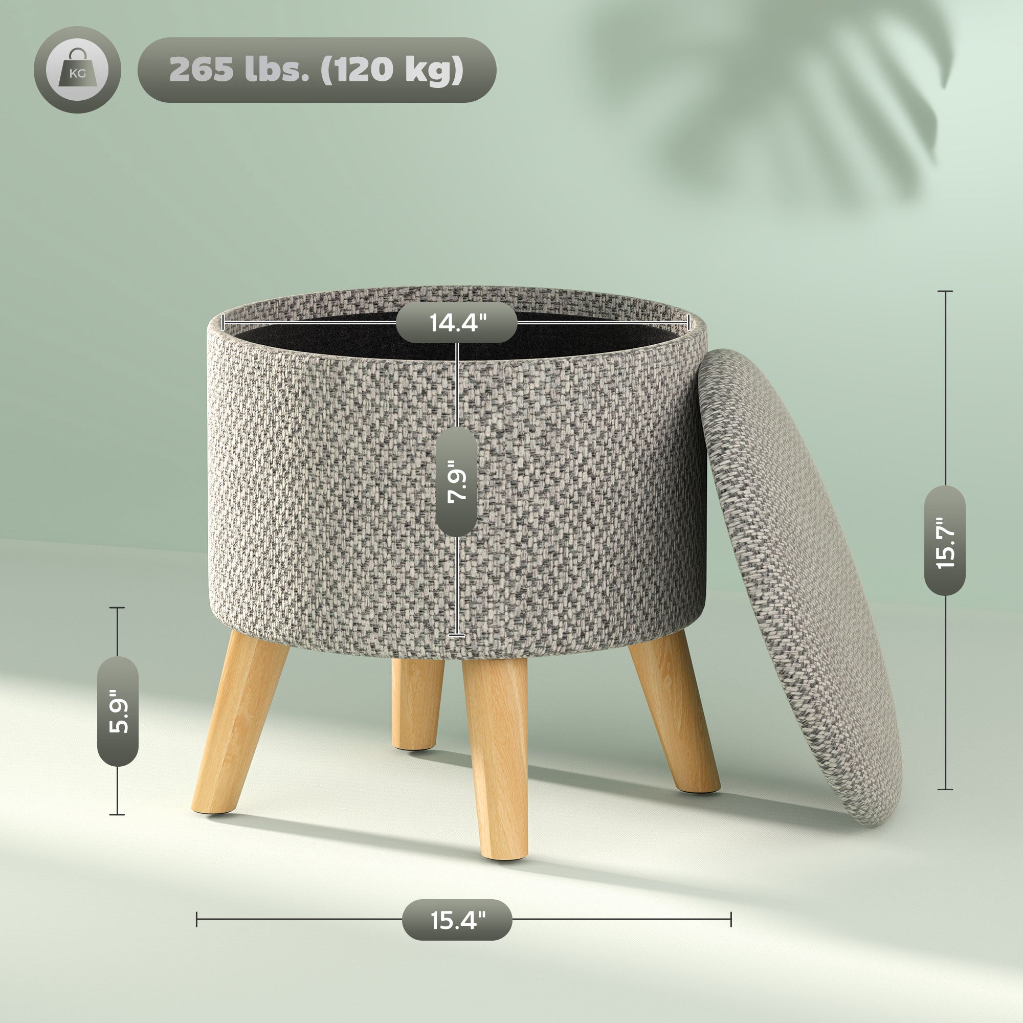 Round Gray Storage Ottomans with Wooden Legs