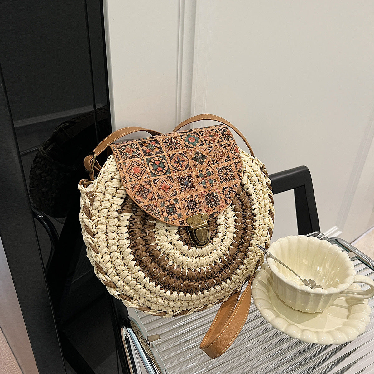 Round Rattan Boho Crossbody Bag