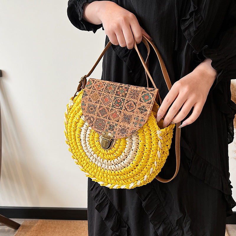 yellow Round Rattan Boho Crossbody Bag