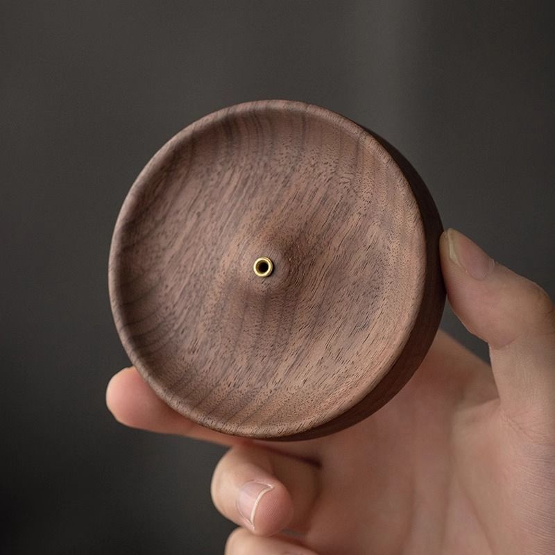 Round Dark Brown Walnut Wood Incense Holder
