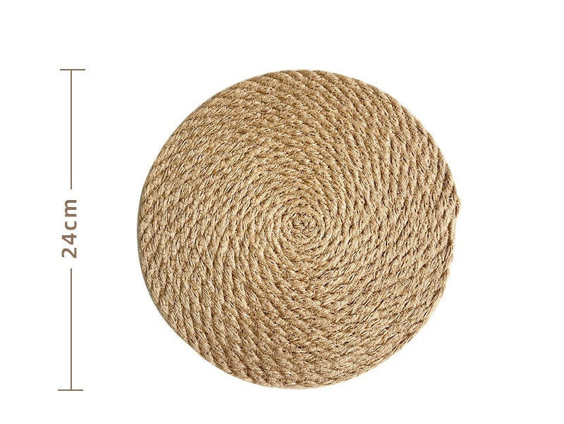 Round jute woven insulation mat with dimensions and weight information on a white background