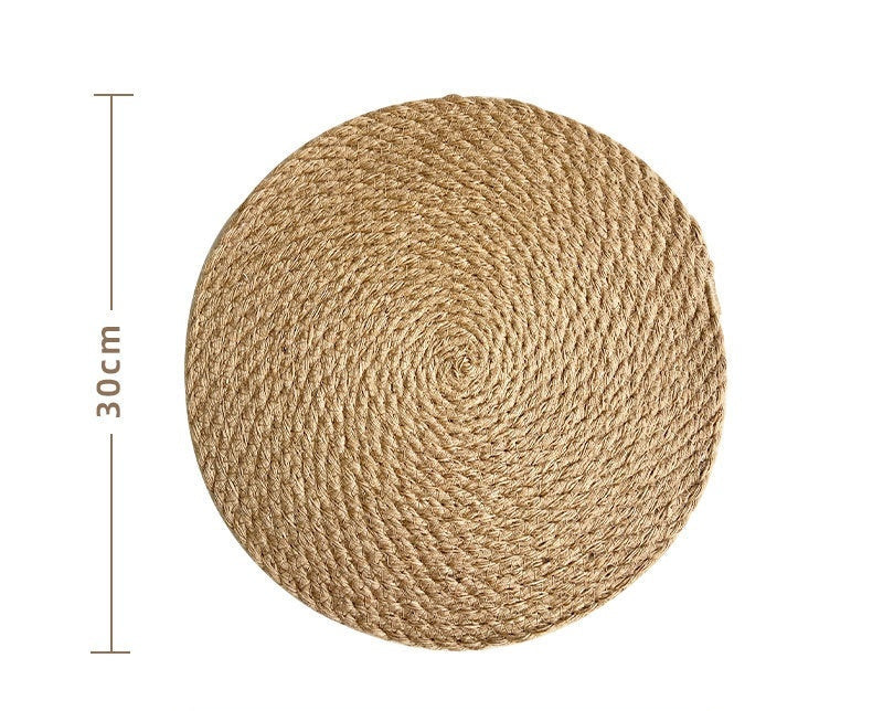Round jute woven insulation pad with dimensions and weight information on a white background