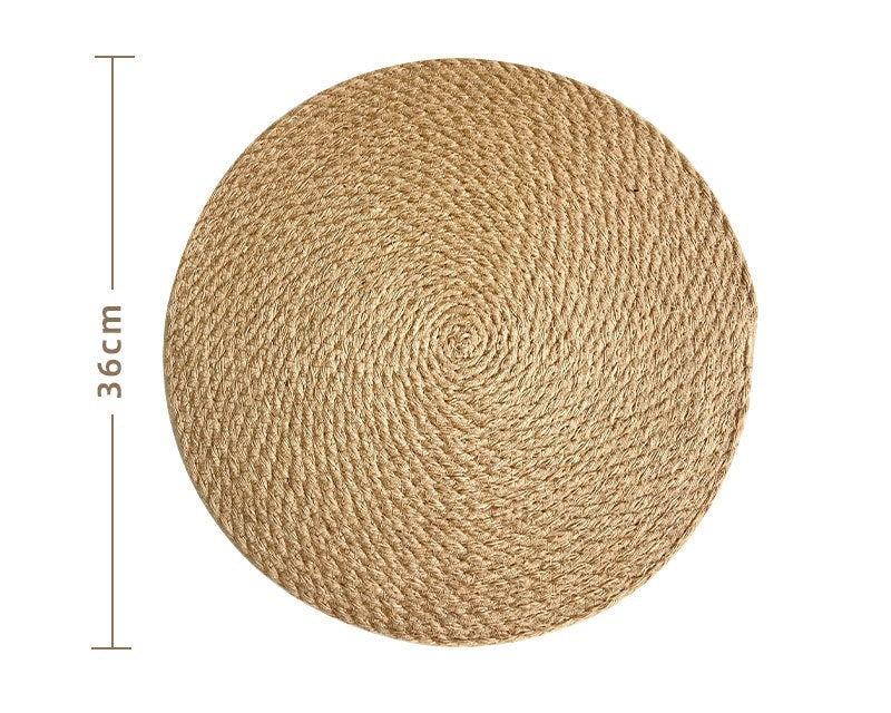 Round jute woven insulation mat with dimensions and weight information on a white background