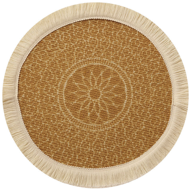 Round woven mat with beige border on a white background